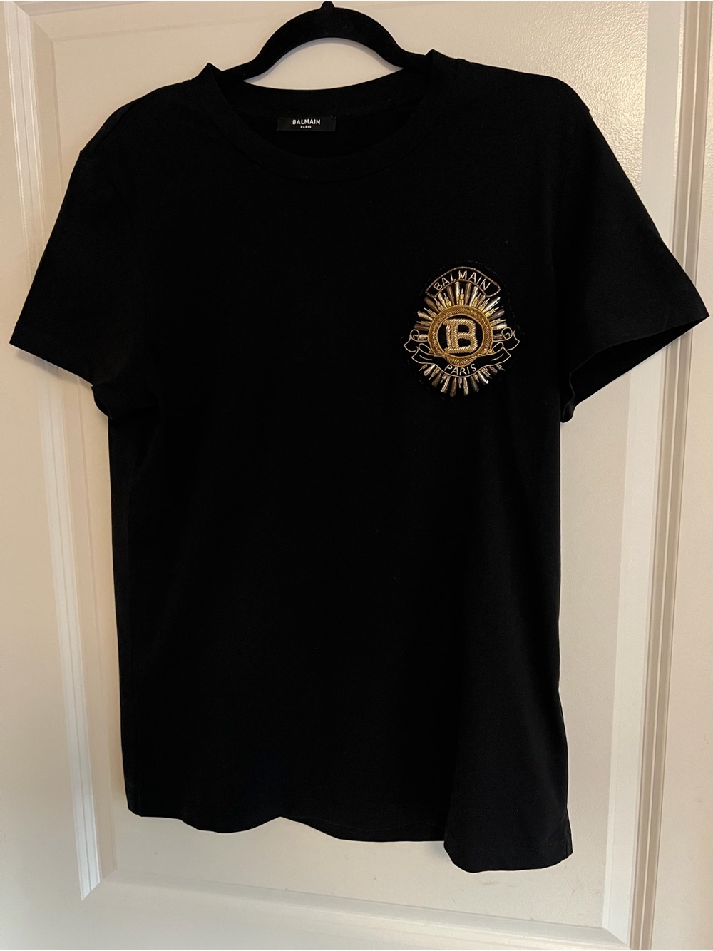 Balmain Black T-Shirt with Gold Crest